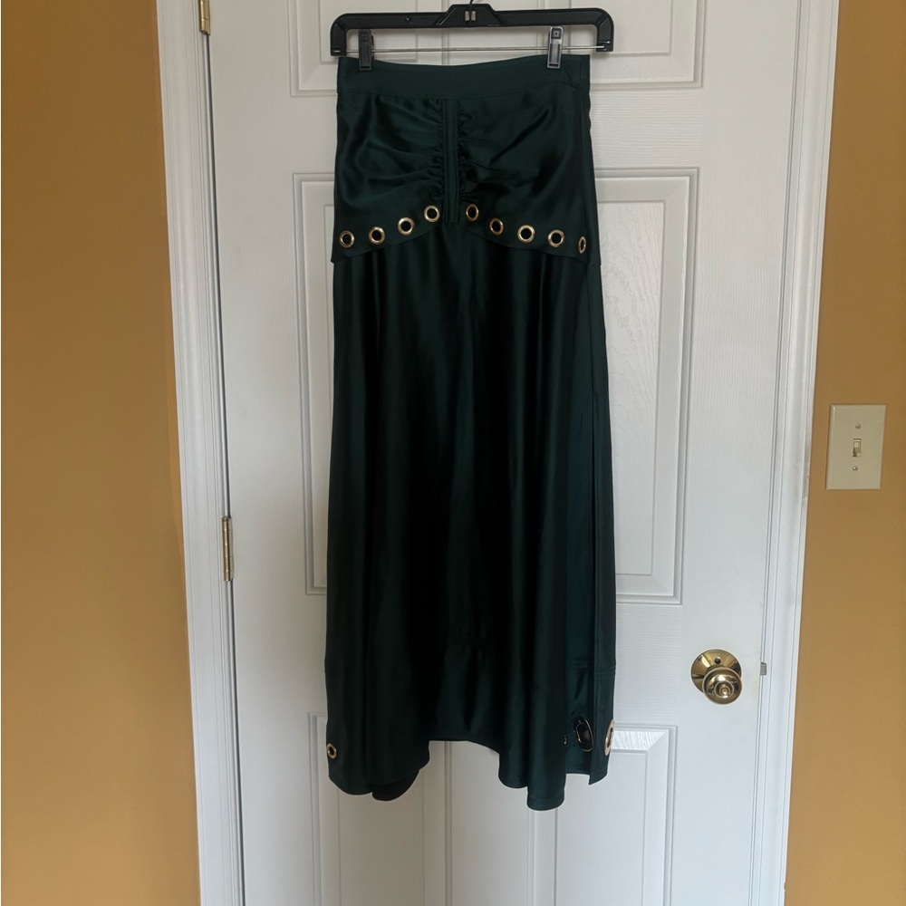 Self-Portrait Dark Green Maxi Skirt with Grommet Trim